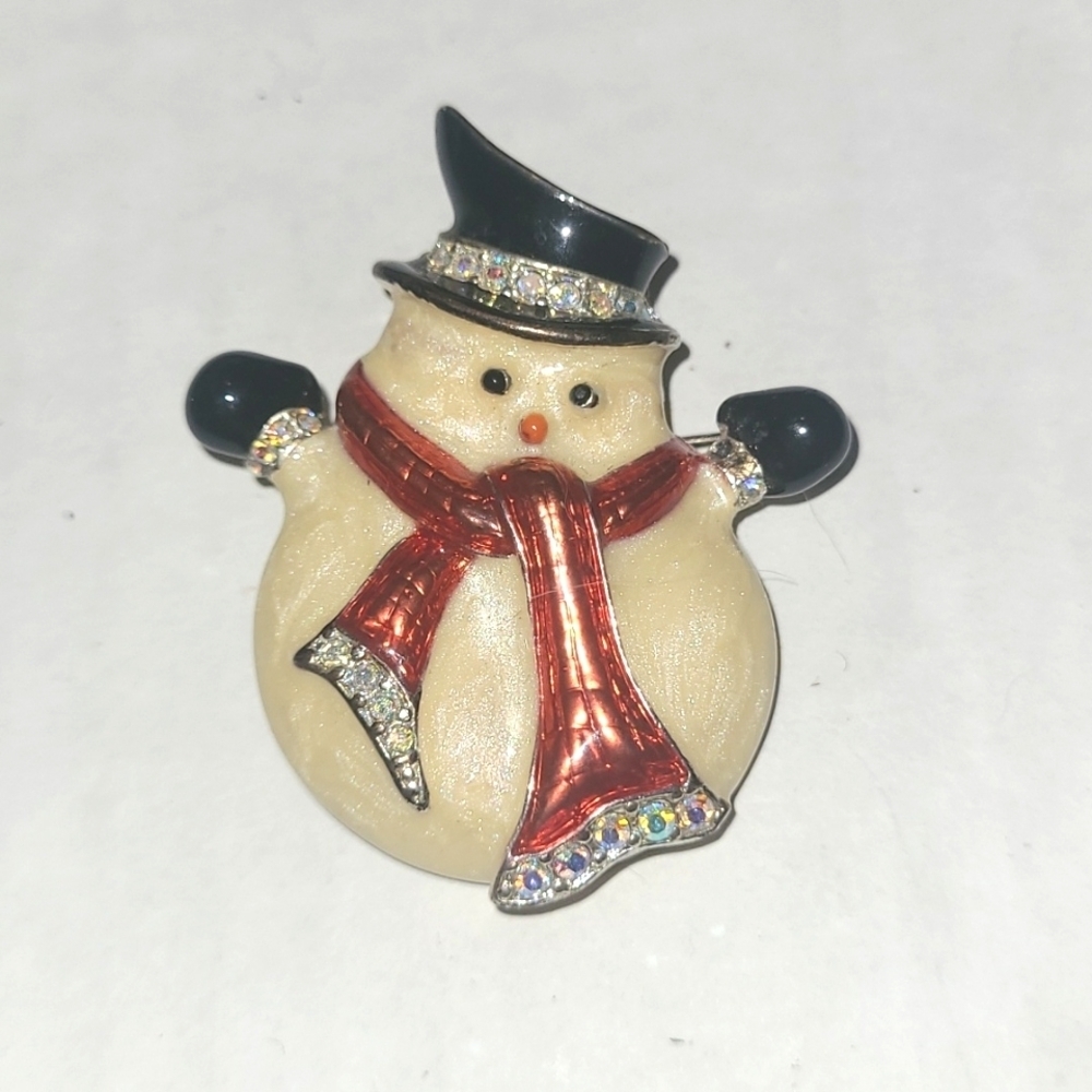 Vintage Snowman Brooch Anthropomorphic Enamel Rhinestone Red Scarf Estate Holidy
